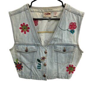 Vintage Rio by Stephen Mardon Embroidered Denim Vest Floral Button-Up Sz L Retro
